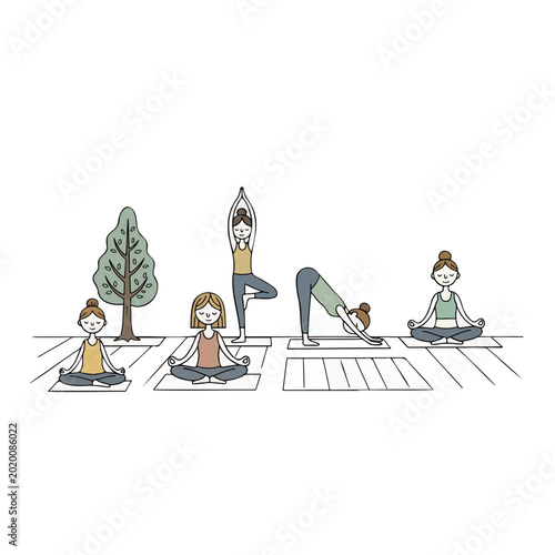 Group of women practicing yoga outdoors in serene environment  