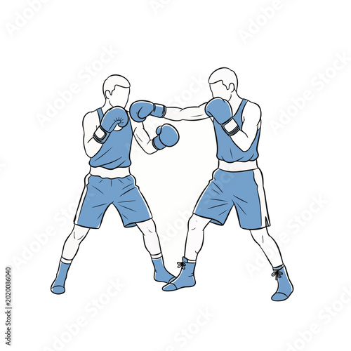 Boxers sparring in blue gear with focused expressions indoors  