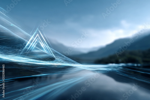 Futuristic digital landscape with glowing blue lines and geometric shapes flowing over a serene mountain lake. Abstract technology background blending nature and innovation