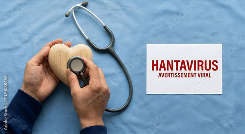 Médecin auscultant un cœur en bois à côté d'une carte d'alerte au hantavirus pour la prévention médicale