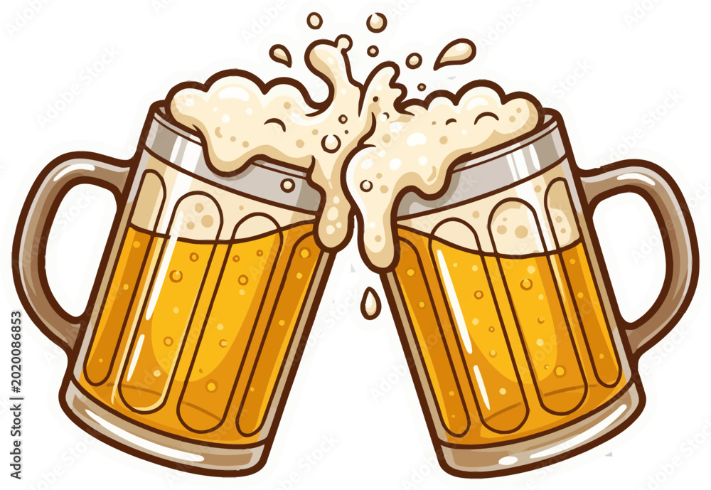 Carta da parati Two glass beer mugs clinking together with splashing foam and bubbles in a styli