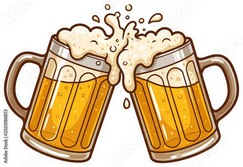 Foto Two glass beer mugs clinking together with splashing foam and bubbles in a styli