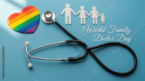 World Family Doctor Day banner with rainbow heart and family silhouette icons next to a stethoscope