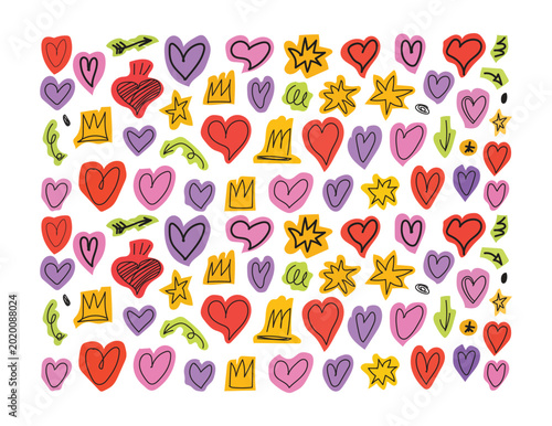 Colorful hearts, crowns, and stars vector icons, cute symbols set