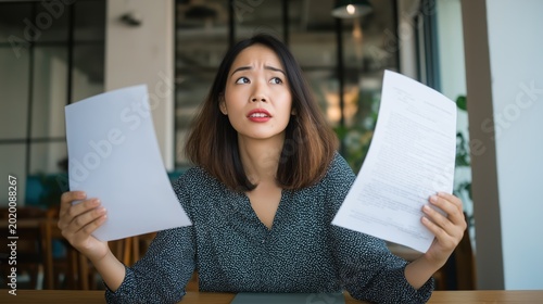 Asian woman sitting at desk holding two documents, decision making and comparison concept