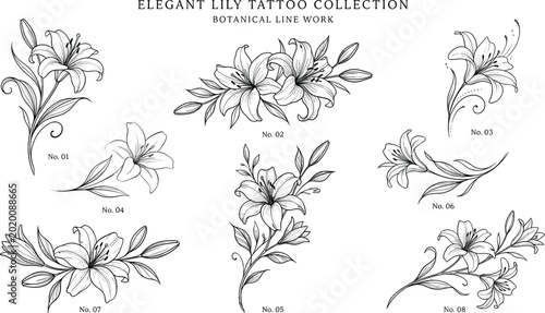 Tableau sur toile Elegant lily tattoo collection with botanical line work illustration set of bloo