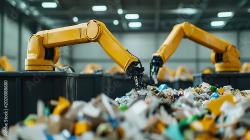 Automated robotic waste separation plants using advanced sensors and robotics to sort mixed waste streams with extreme precision, maximizing recycling efficiency.