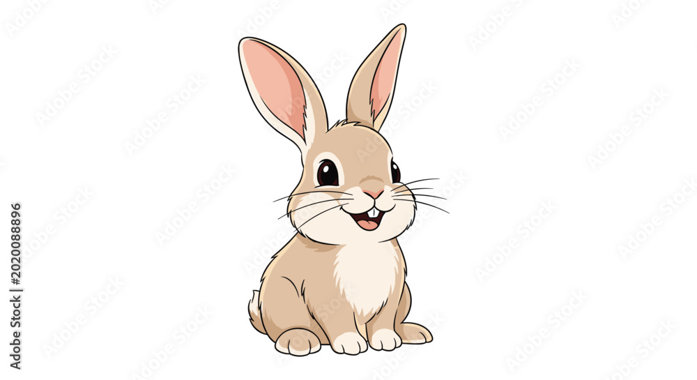 Fototapeta premium Happy brown rabbit sitting and smiling with long ears and whiskers in a detailed cartoon character illustration for kids.