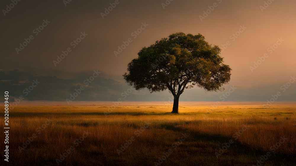 Fototapeta premium Tree silhouette standing alone in vast empty landscape 