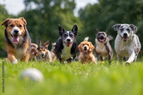 Joyful dogs gathering on fresh grass for a friendly outdoor moment