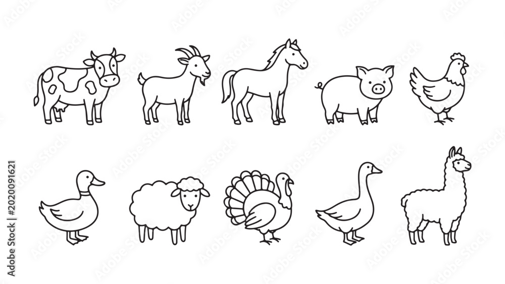 Fototapeta premium Set of farm animals and birds standing and walking cartoon vector illustrations