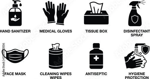 Konstfotografi Medical hygiene protection icon set with hand sanitizer disinfectant spray face