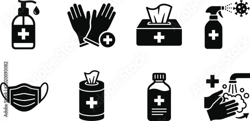 Fotografie Medical hygiene protection icon set with medical gloves hand sanitizer face mask