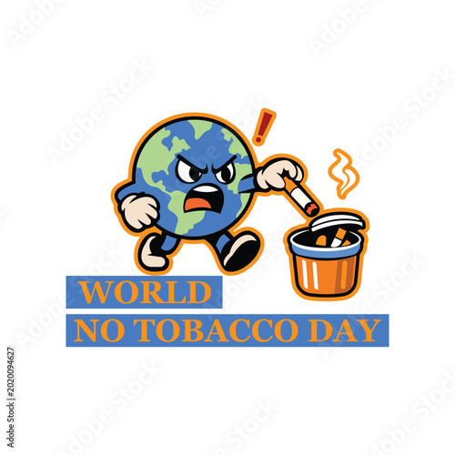 World No Tobacco Day Earth Throwing Cigarette,Vector illustration of Earth discarding cigarette into trash bin, symbolizing global anti smoking awareness and World No Tobacco Day campaign.