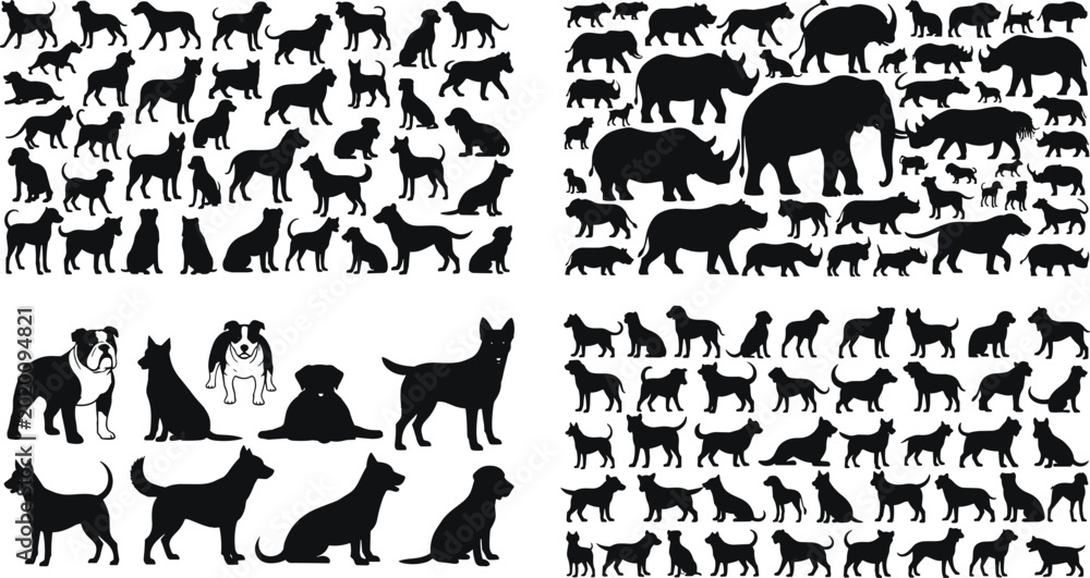 Εκτύπωση καμβά Dog and Wildlife Animal Silhouette Collection with Domestic Pets Safari Mammals