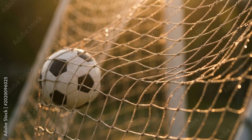 Obraz premium Soccer ball hitting the net during sunset, with sunlight illuminating the mesh and creating a dynamic sports scene. Concept of global sports celebration, international football competition