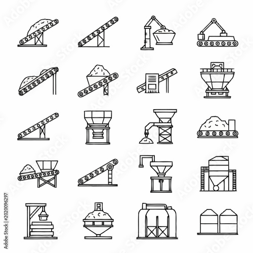 Fotografie Industrial machinery and equipment icons for construction and manufacturing