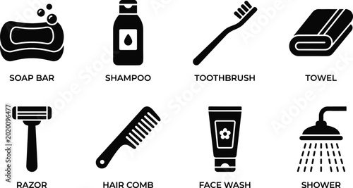 Tableau sur toile Personal hygiene care and grooming bathroom icon set featuring shampoo soap bar