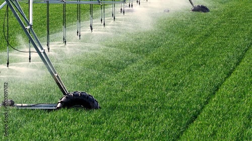 Slow motion drone shot of an irrigation system watering a wheat field, helping plants grow during the dry season and increasing crop yields - slow motion