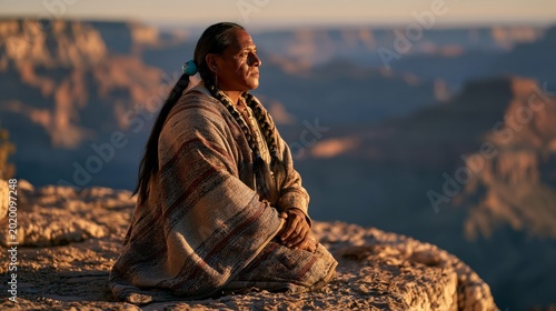 Middle aged Native American man praying on a rocky cliff overlooking a vast canyon, soulful spiritual moment in peaceful natural landscape