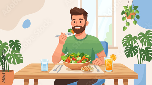 A cheerful flat vector illustration of a bearded man eating a healthy meal at a table.