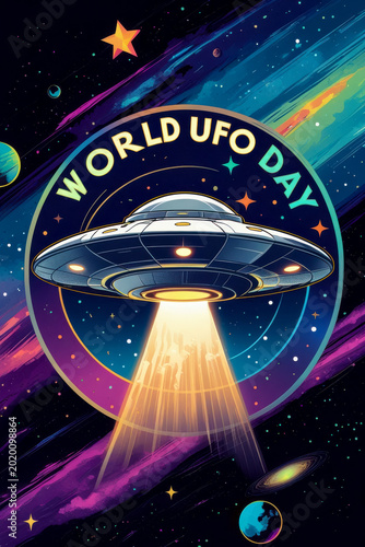 Banner poster postcard world day UFO, flying saucer spacecraft in space with planets AI Generative