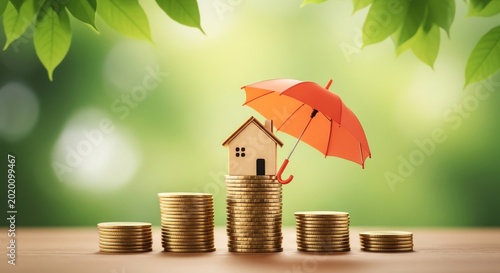 House with umbrella and coins savings