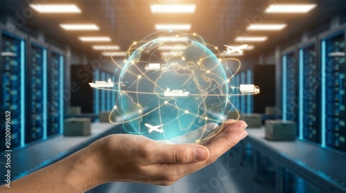 Hand holding digital globe with global logistics network