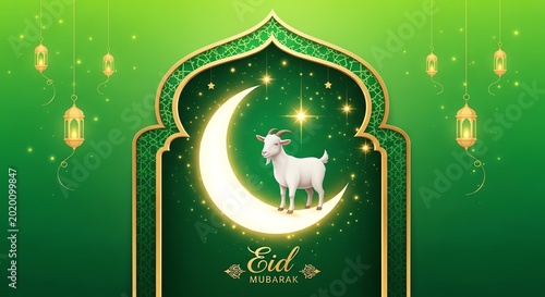 Green Eid al-Adha with crescent moon and goat