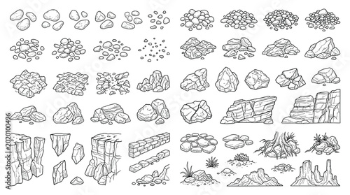Set of hand drawn stones, rocks, boulders, and cliffs