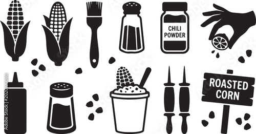 Obraz na plátne Black and white set of roasted corn preparation, featuring corn cobs, chili powd