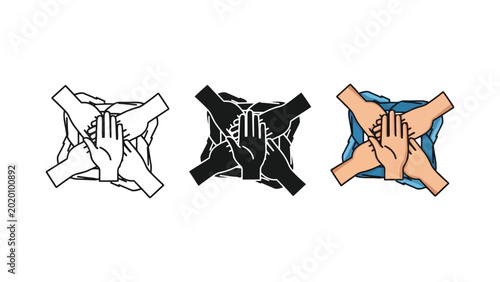 Hands stacked together in unity vector illustration set