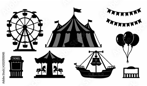 Bild auf Leinwand Carnival and circus black silhouette amusement park vector icon set