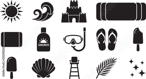 Bild auf Leinwand Set of black silhouette representing summer vacation activities, including a sun