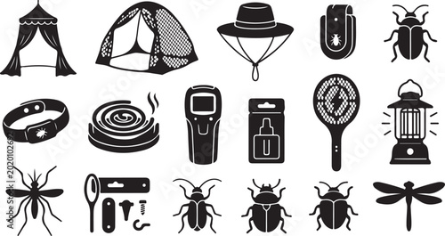 Foto Set of black silhouettes featuring camping gear, insect repellent tools, various