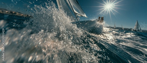 A sailing boat cuts through the waves under a bright sun — a dynamic backdrop for sailing, summer holidays and maritime adventures.