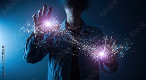 Man with glowing purple particles, futuristic technology concept, innovation and science, digital connections