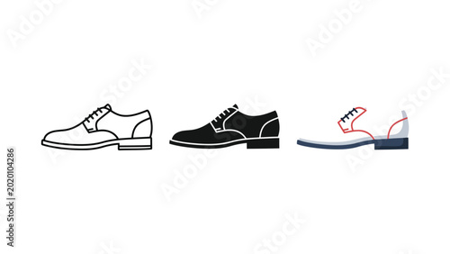 Set of formal leather shoes in line art silhouette and flat color vector illustration