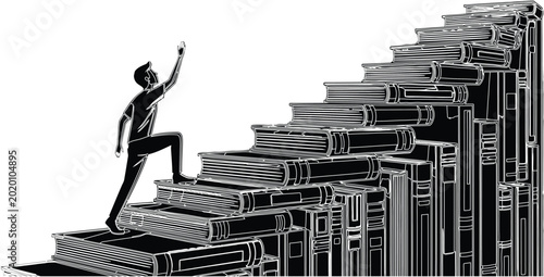 Fotografie Man climbs up a staircase made of books reaching for knowledge and education