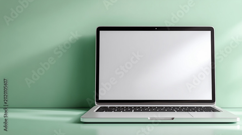 Sleek laptop with blank white display sits against a mint green wall, casting soft shadows under bright indoor lighting.