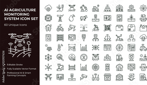 AI Agriculture Monitoring System Icon Set Featuring Smart Farming Sensors Drone Analytics and Sustainable Technology Solutions Concepts