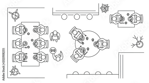 Top view of a restaurant floor plan with dining tables, chairs, and people eating