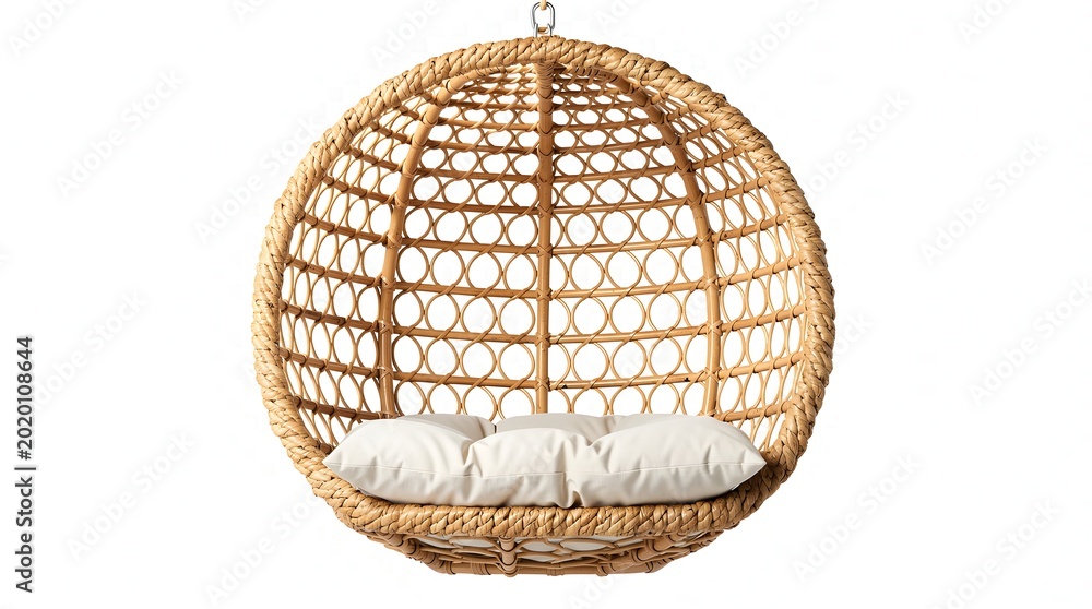 Obraz premium Wicker egg chair with plump white cushions offers a cozy retreat on a bright background.