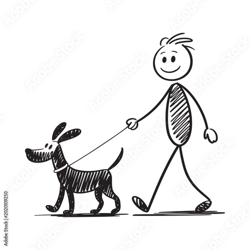 stick figure walking a dog black and white sketch illustration