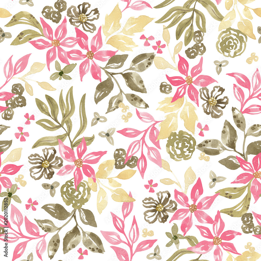 Fototapeta premium Green foliage and coral pink flowers background. Summer garden motifs. Watercolor hand painted seamless pattern for textile, fabric, packaging. Fashion floral design