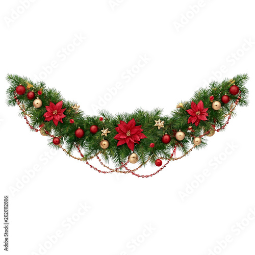 Christmas Garland with Poinsettias Baubles and Stars isolated on a transparent background