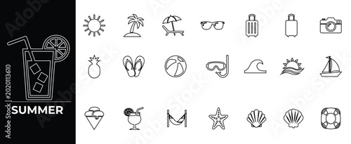 Summer beach vacation and tropical travel icon set with outline vectors