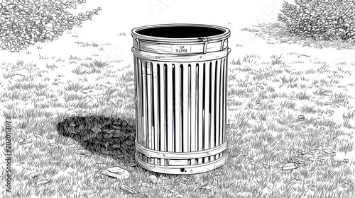 Black and white illustration of a metal trash receptacle outdoors, amidst grass and shrubbery, with a defined shadow