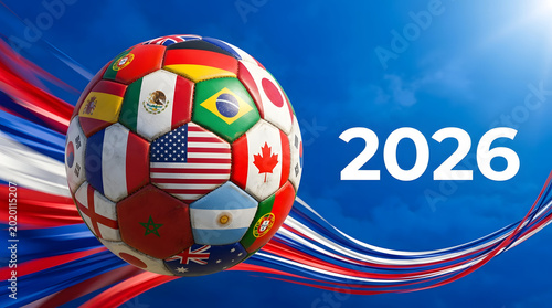 FIFA world cup 2026 soccer ball with world flags and 2026 tournament typography