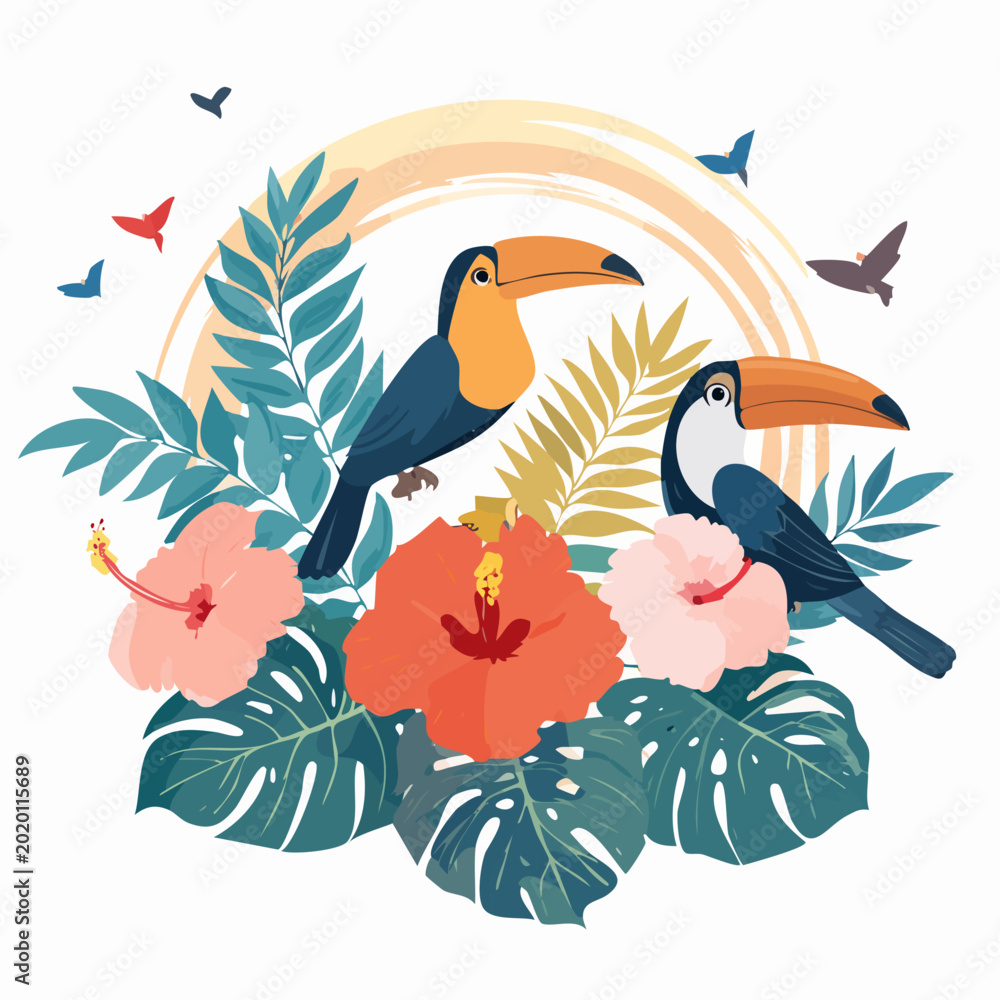 Fototapeta premium Tropical Toucans with Hibiscus and Palm Leaves Illustration